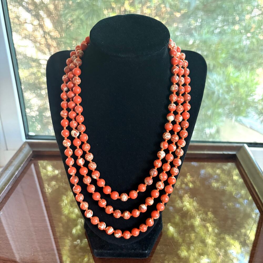 Vintage Orange Stone Bead Necklace | Triple Strand Boho Statement Jewelry
